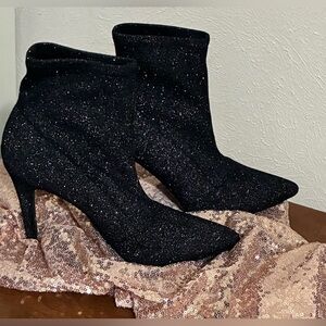 Trash Black Glitter Sock Booties Size 8 – Pointed Toe Stretch Ankle Boot 4” heel
